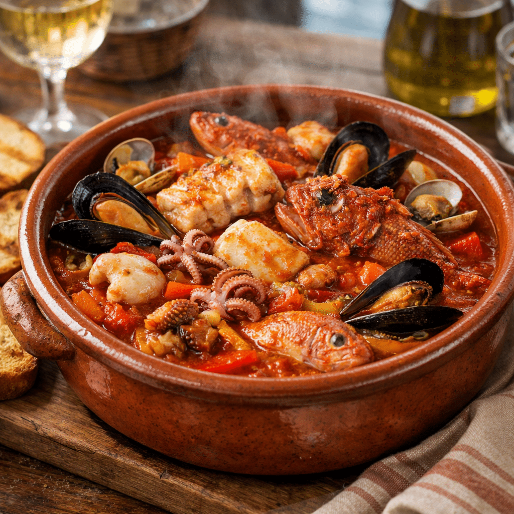Brodetto alla pescarese con pesce misto dell’Adriatico e pane tostato