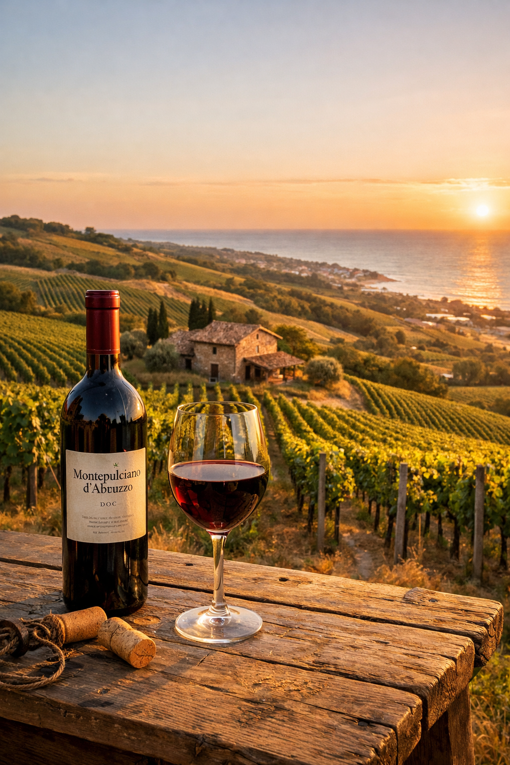 foto creata con l'intelligenza artificiale, foto bottiglia di vino al tramonto