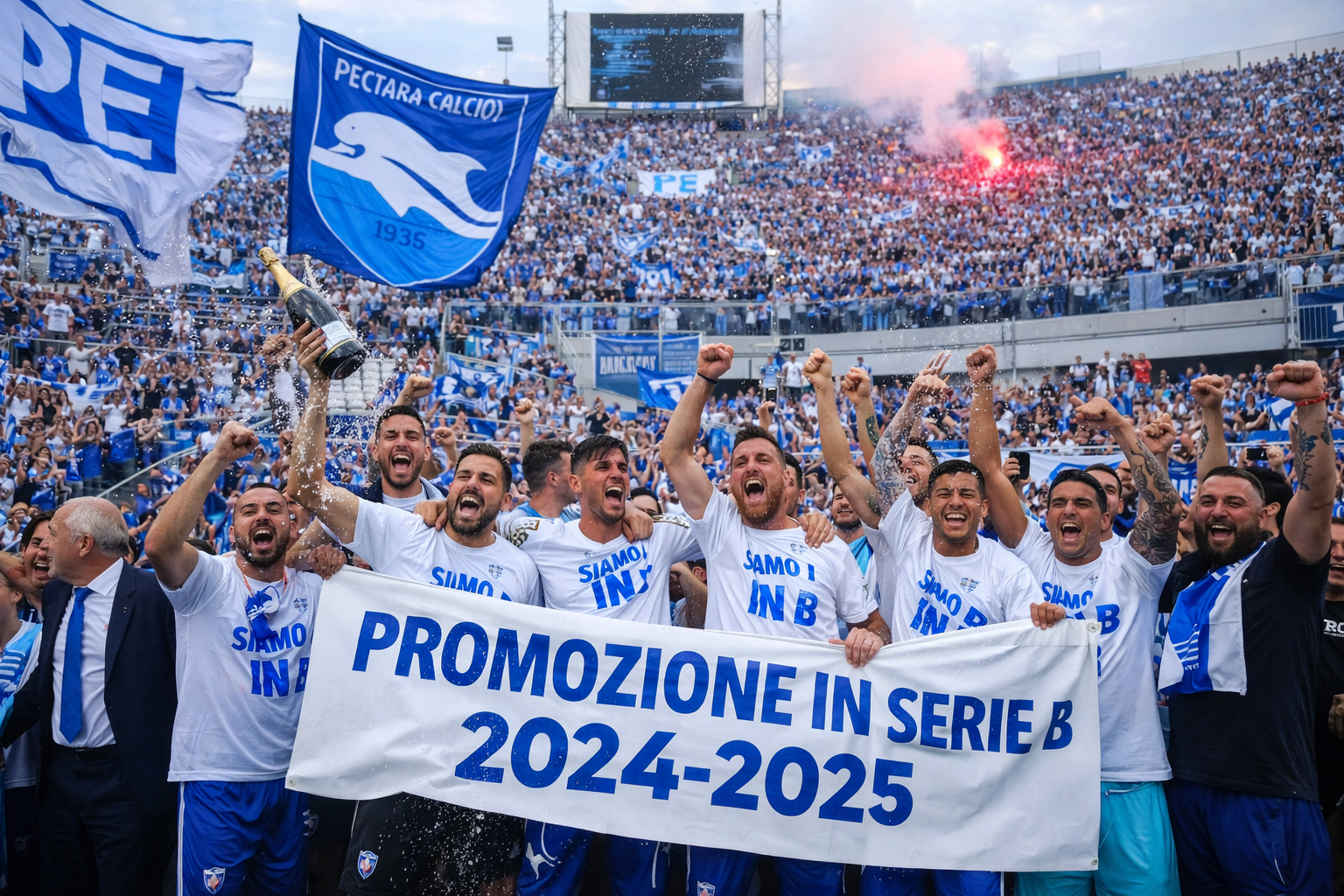 Tifosi del Pescara Calcio festeggiano allo Stadio Adriatico la promozione in Serie B 2024-2025 con bandiere biancazzurre e striscione celebrativo