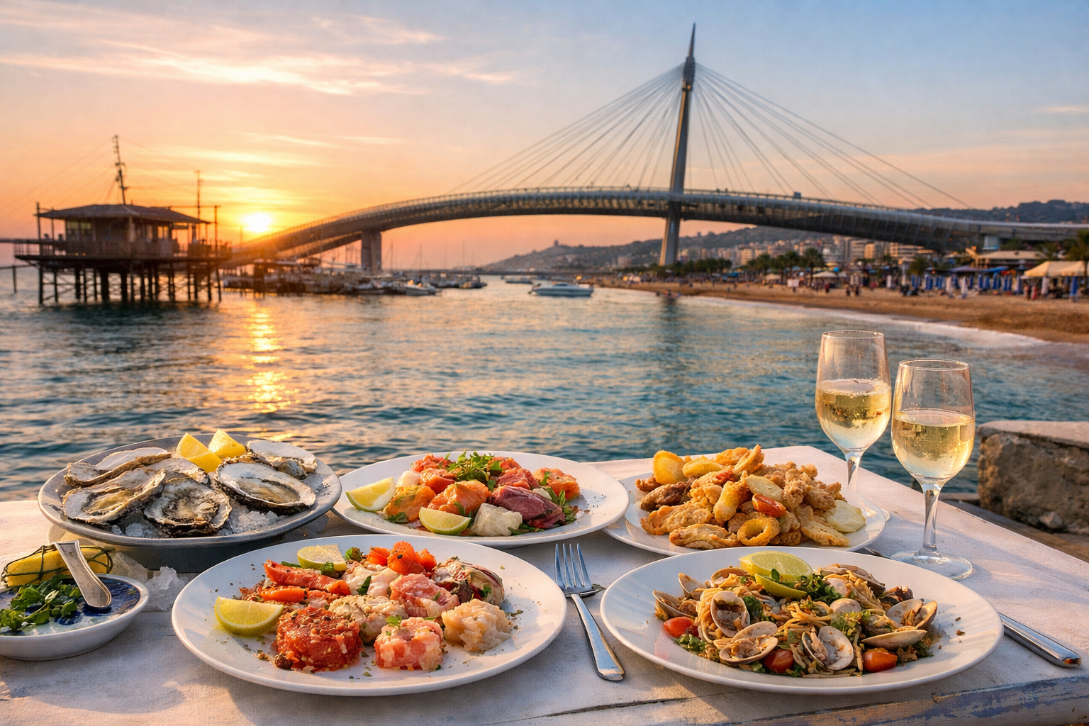 Piatti di pesce e frutti di mare serviti sul lungomare di Pescara al tramonto con vista sul Ponte del Mare e sull’Adriatico