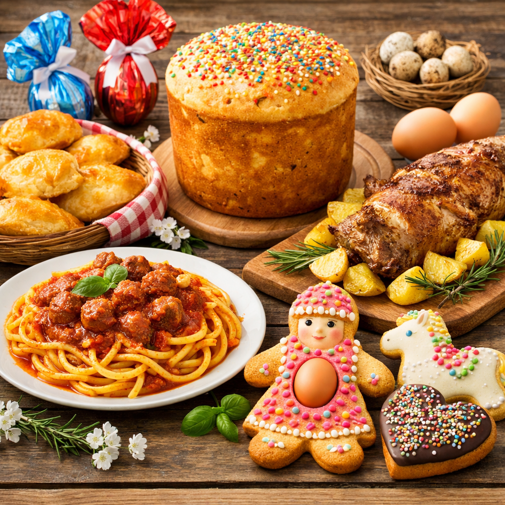 Piatti tipici della Pasqua abruzzese: pasta alla chitarra con ragù e pallottine, agnello al forno, fiadoni al formaggio, pizza di Pasqua e dolci tradizionali come pupa e cavallo