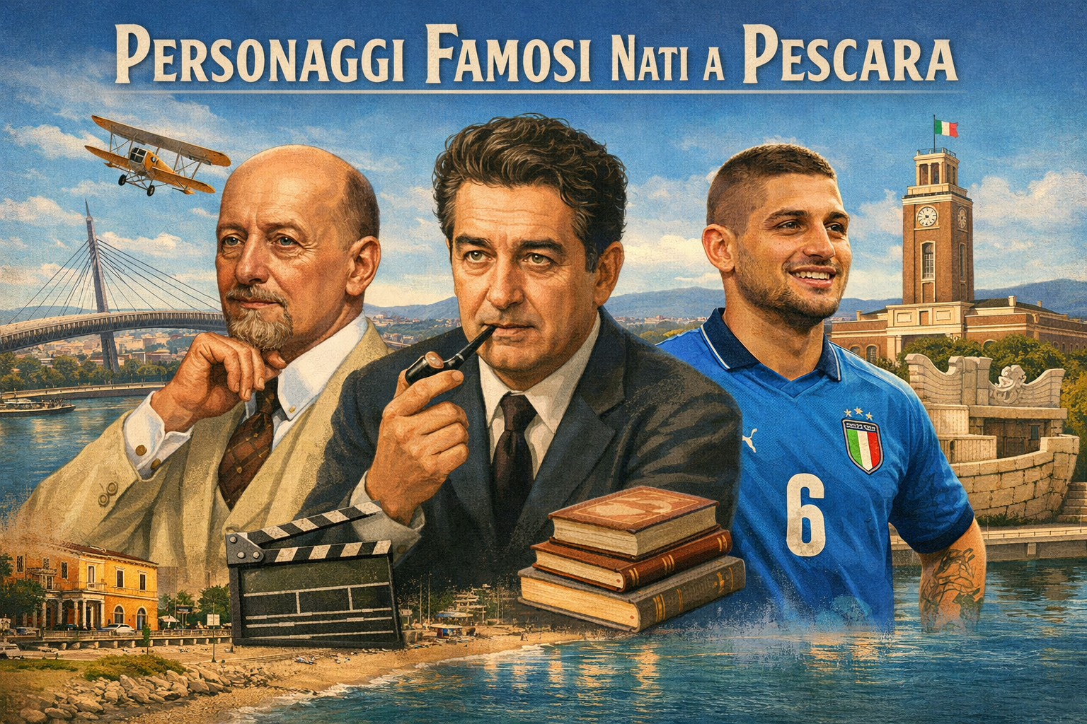 Personaggi famosi nati a Pescara: illustrazione con Gabriele D’Annunzio, Ennio Flaiano e Marco Verratti sullo sfondo della città