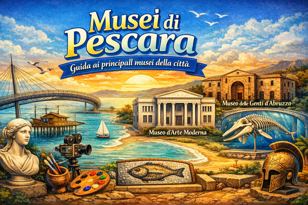 Musei di Pescara: illustrazione panoramica con il Ponte del Mare, il Museo delle Genti d’Abruzzo e il Museo d’Arte Moderna, con elementi artistici e storici sullo sfondo marino al tramonto.