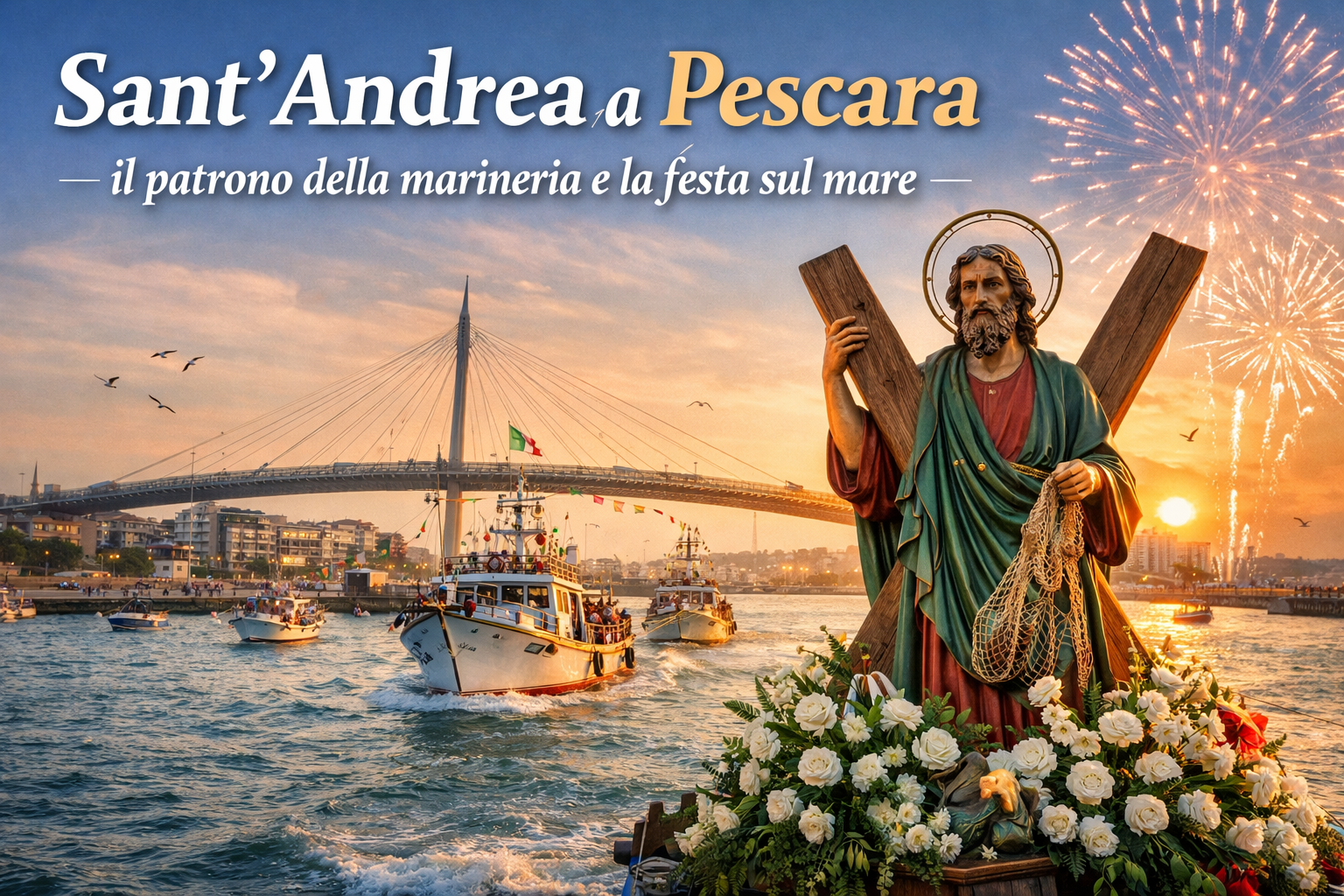 Statua di Sant’Andrea portata in processione in mare a Pescara durante la festa della marineria con pescherecci e costa sullo sfondo