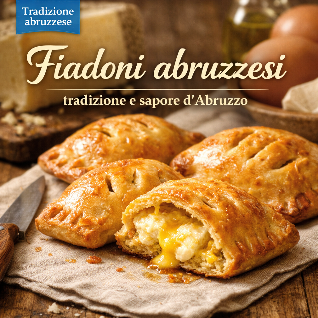 Fiadoni abruzzesi dorati appena sfornati con ripieno di formaggio e uova su tavolo rustico, dolce tipico della tradizione abruzzese