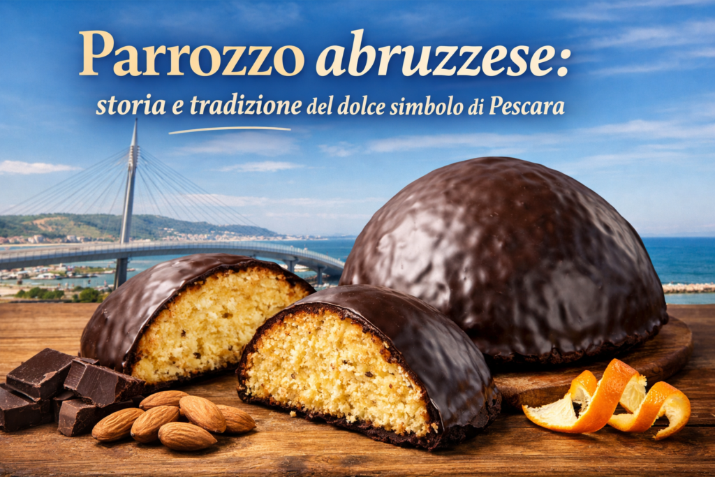 Grafica raffigurante parrozzo abruzzese, sfondo ponte del Mare realizzata con ai