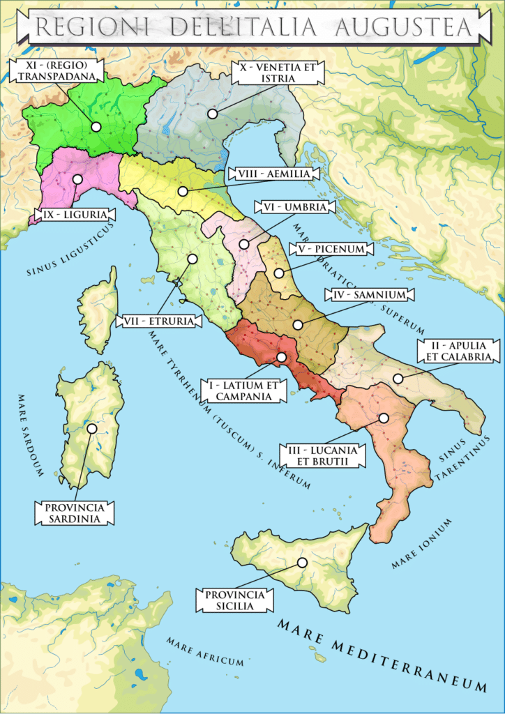 mappa delle regioni dell'Italia Augustea