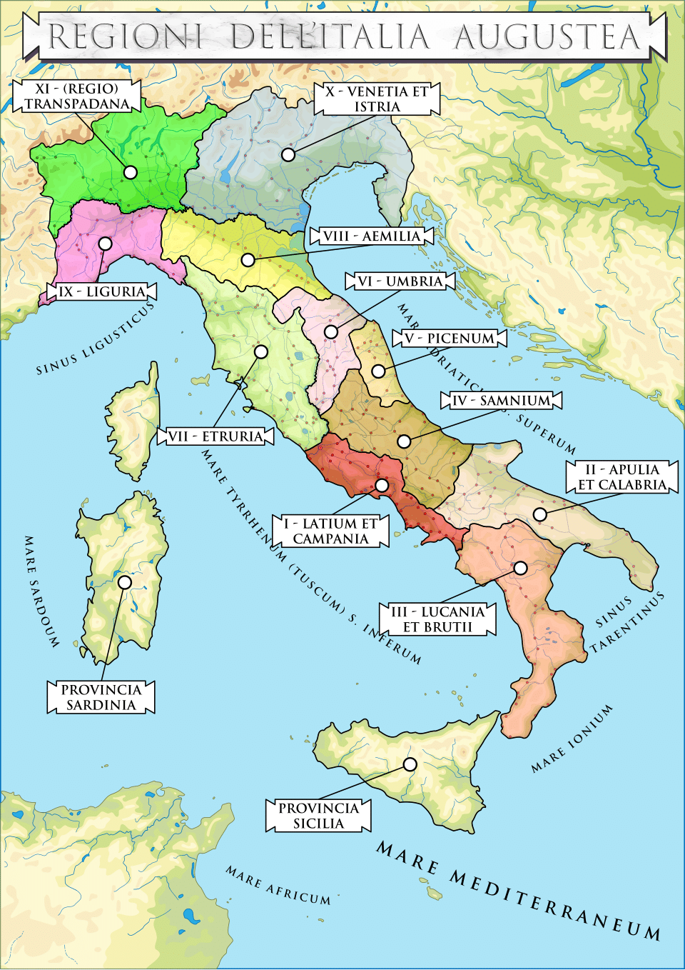 mappa delle regioni dell'Italia Augustea